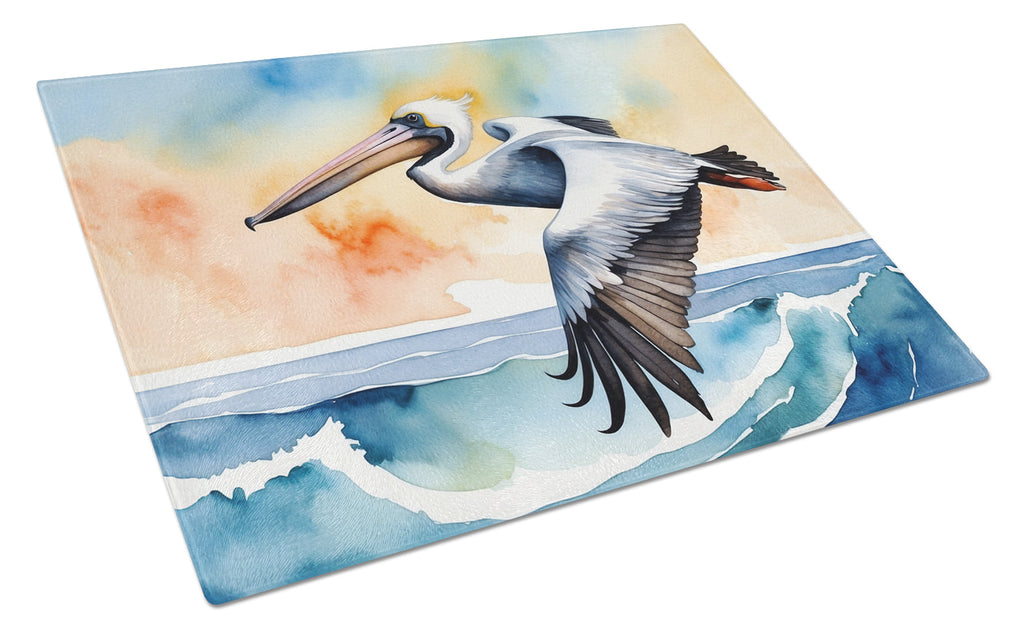 Pelican Over Ocean Wave Watercolor Cutting Board Tempered Glass Kitchen Cutting Surface, Heat Resistant Chopping, Non-Slip Feet, Food Prep & Serving
