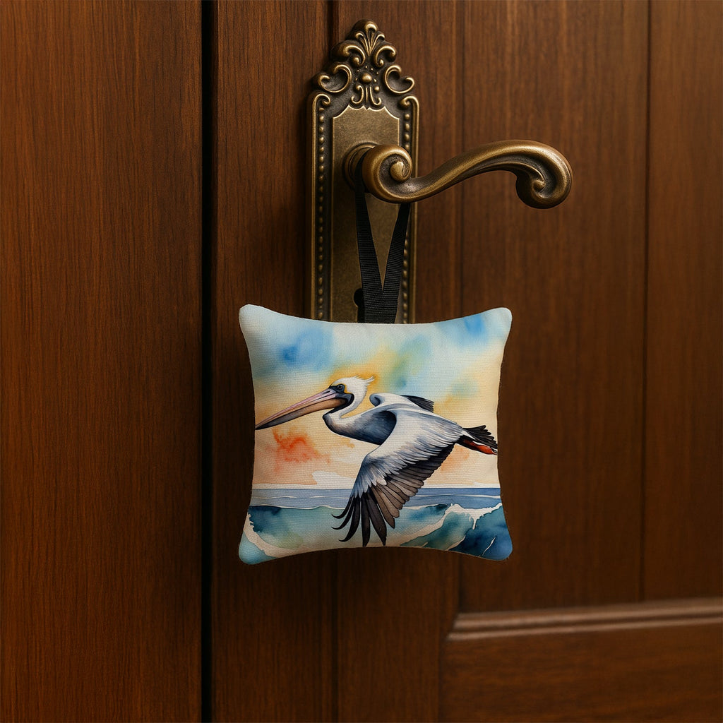 Pelican Over Ocean Wave Watercolor Hanging Square Fabric Ornament 3.5 × 3.5 Decorative Door-Knob & Tree Hanger, Soft Fabric