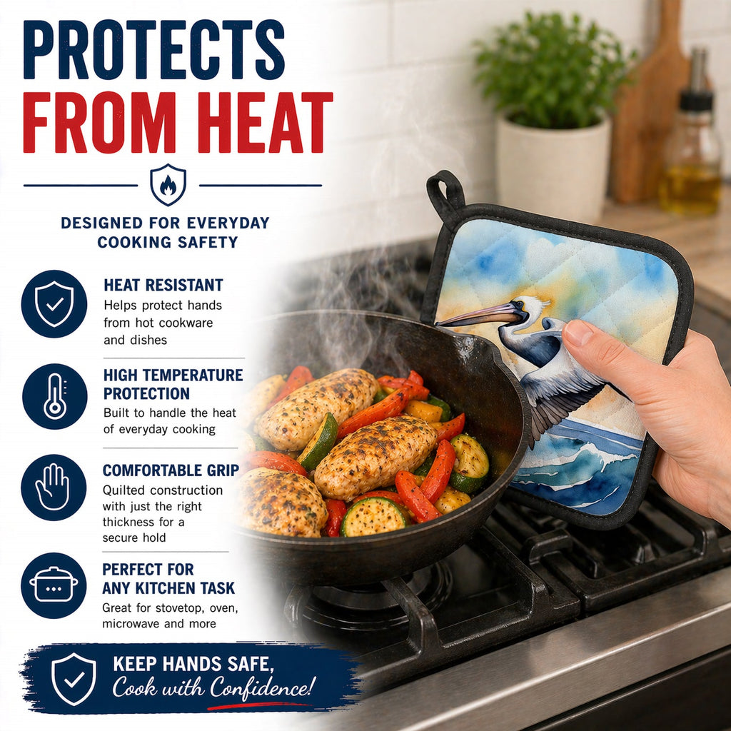 Pelican Over Ocean Wave Watercolor Pot Holder Set of 2 Heat Resistant Quilted Hot Pads 7.5 x 7.5 Inch, Insulated Kitchen Trivets for Cooking & Baking