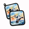 Pelican Over Ocean Wave Watercolor Pot Holder Set of 2 Heat Resistant Quilted Hot Pads 7.5 x 7.5 Inch, Insulated Kitchen Trivets for Cooking & Baking