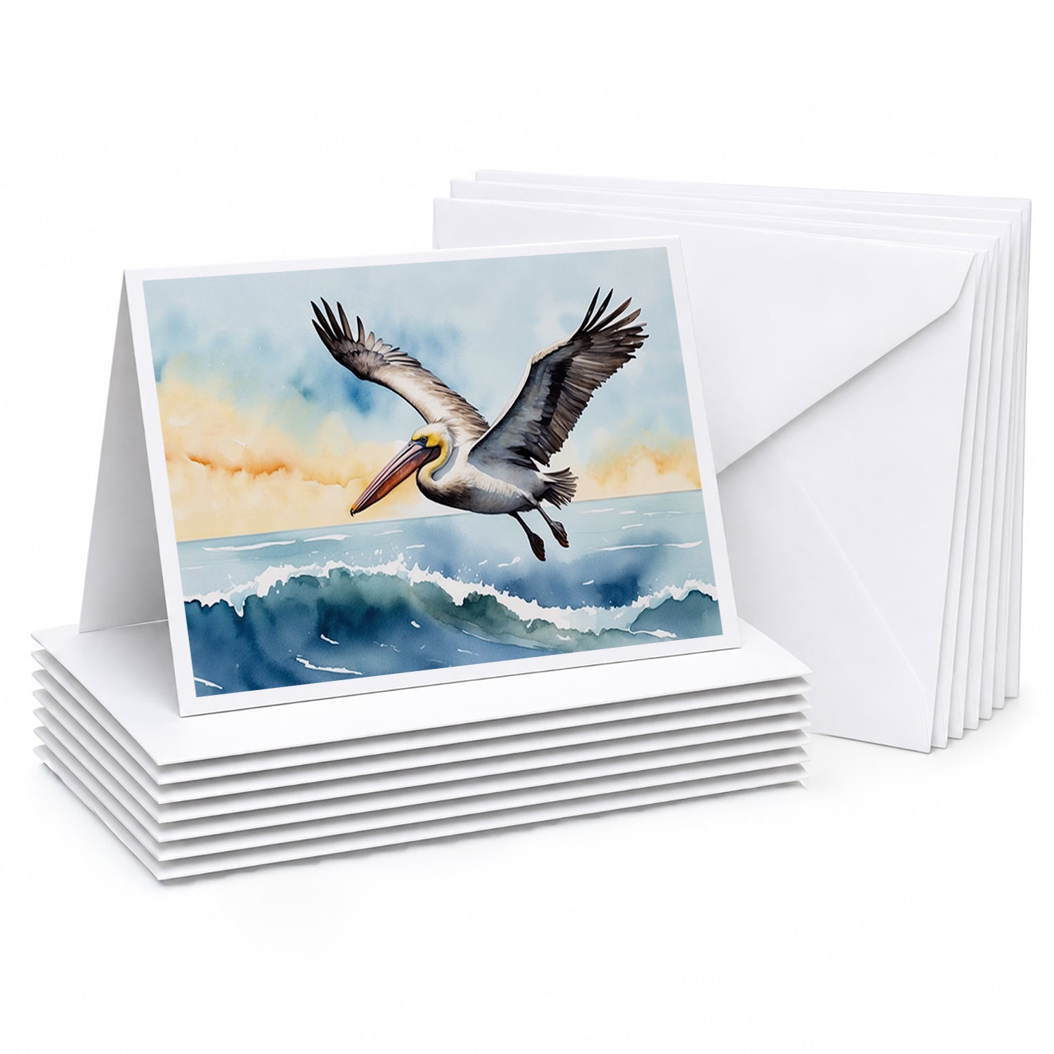 Pelican Coastal Flight Watercolor Greeting Cards Pack of 8 Blank Cards with Envelopes Whimsical A7 Size 5x7