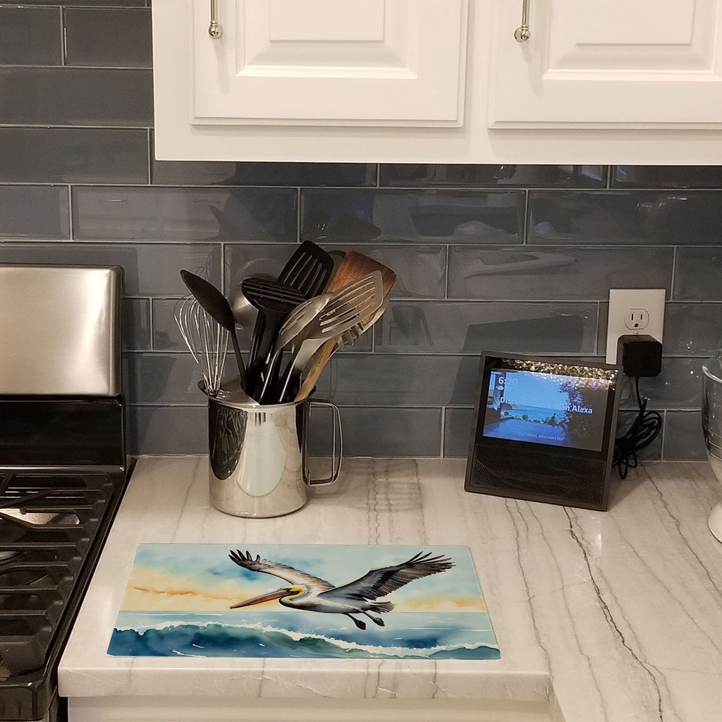 Pelican Coastal Flight Watercolor Cutting Board Tempered Glass Kitchen Cutting Surface, Heat Resistant Chopping, Non-Slip Feet, Food Prep & Serving