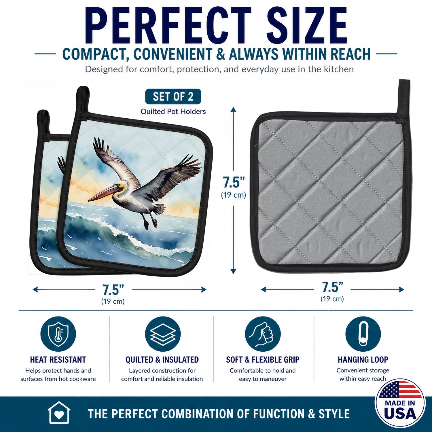 Pelican Coastal Flight Watercolor Pot Holder Set of 2 Heat Resistant Quilted Hot Pads 7.5 x 7.5 Inch, Insulated Kitchen Trivets for Cooking & Baking