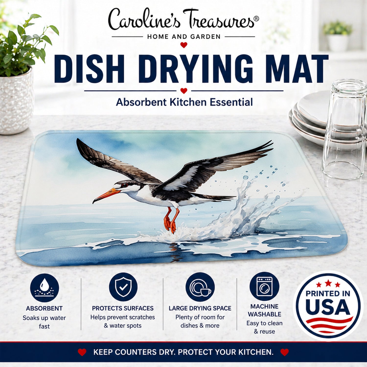 Black Skimmer Dish Drying Mat Absorbent Dish Drying Mat Pad for Kitchen Counter Dish Drainer Mat for Countertop, 14 x 21", Multicolor