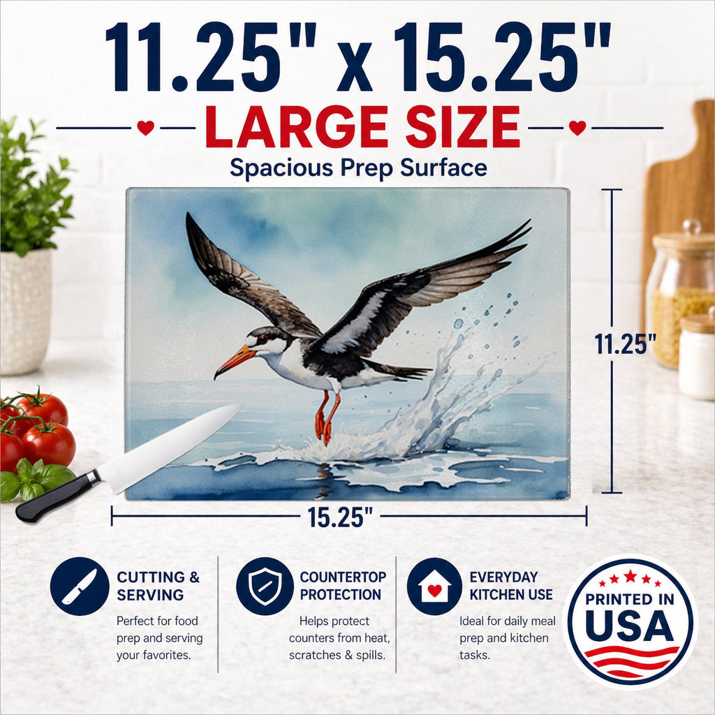 Black Skimmer Cutting Board Tempered Glass Kitchen Cutting Surface, Heat Resistant Chopping, Non-Slip Feet, Food Prep & Serving