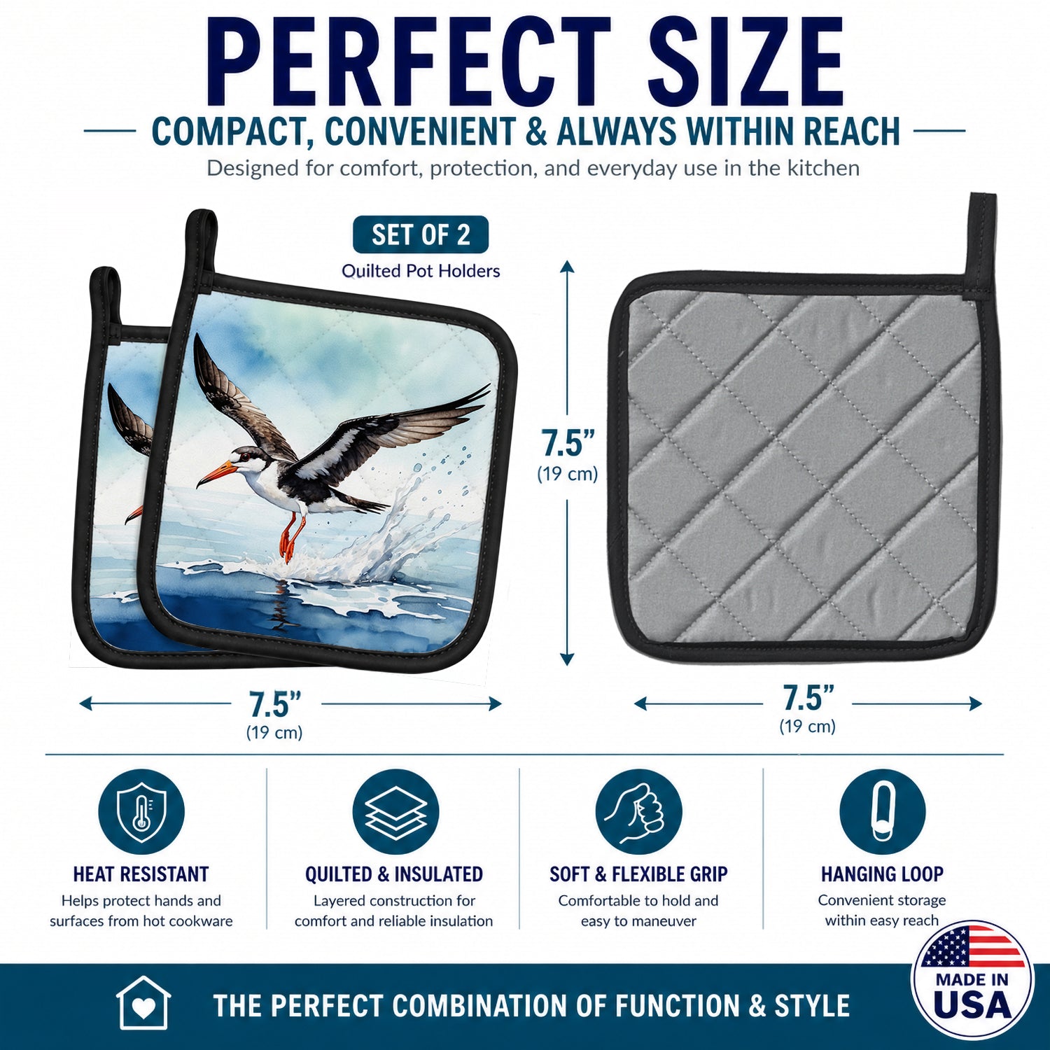 Black Skimmer Pot Holder Set of 2 Heat Resistant Quilted Hot Pads 7.5 x 7.5 Inch, Insulated Kitchen Trivets for Cooking & Baking
