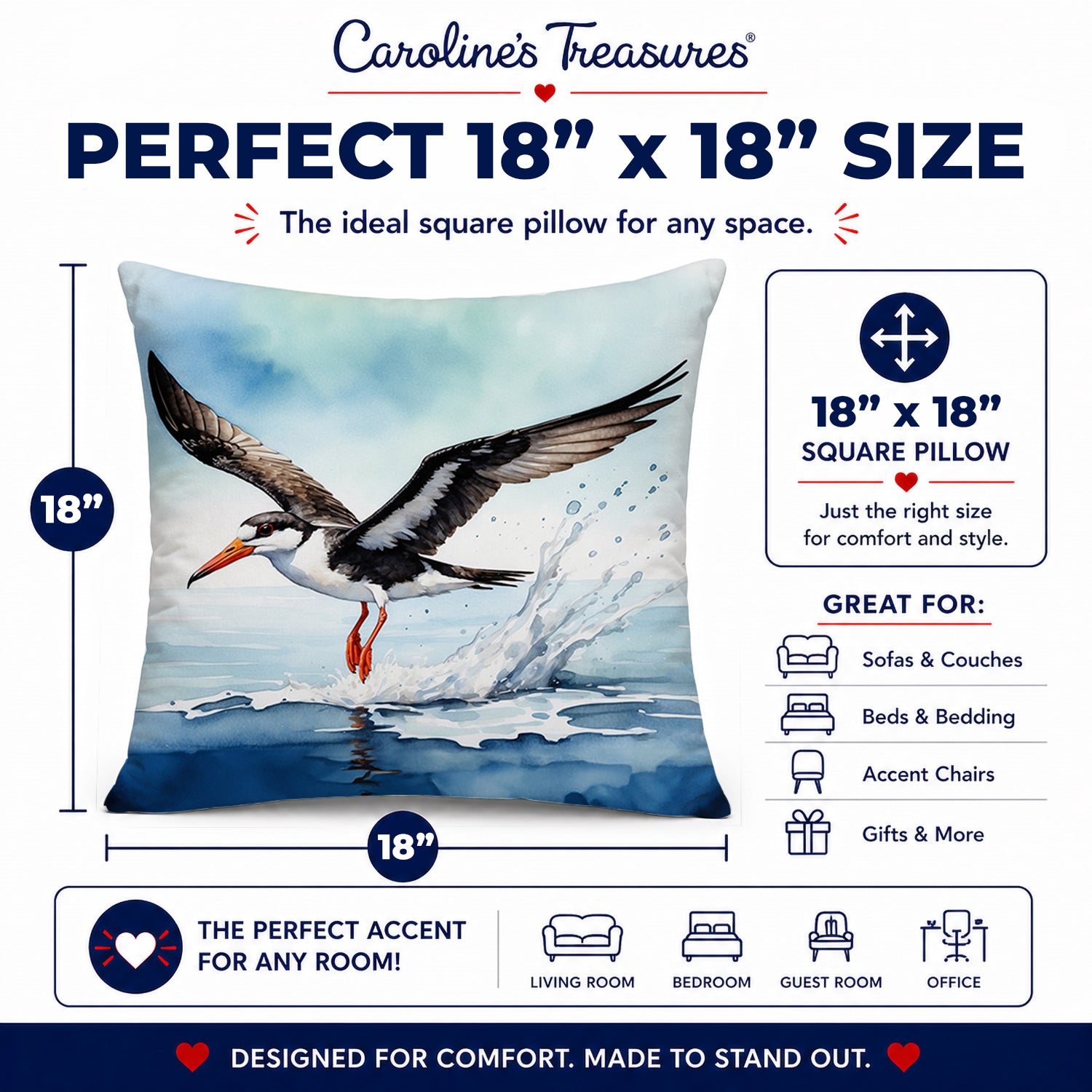 Black Skimmer Decorative Throw Pillow 18x18 Indoor Outdoor Accent Cushion, Fabric Cover with Insert for Sofa, Bed, Porch & Living Room