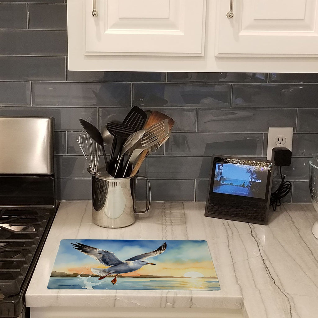 Seagull Flying Over Ocean Sunset Watercolor Cutting Board Tempered Glass Kitchen Cutting Surface, Heat Resistant Chopping, Non-Slip Feet, Food Prep & Serving