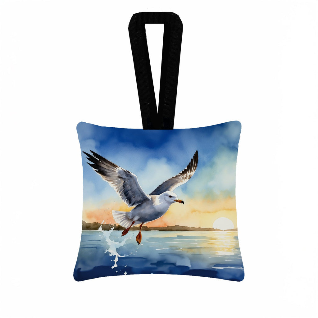 Seagull Flying Over Ocean Sunset Watercolor Hanging Square Fabric Ornament 3.5 × 3.5 Decorative Door-Knob & Tree Hanger, Soft Fabric