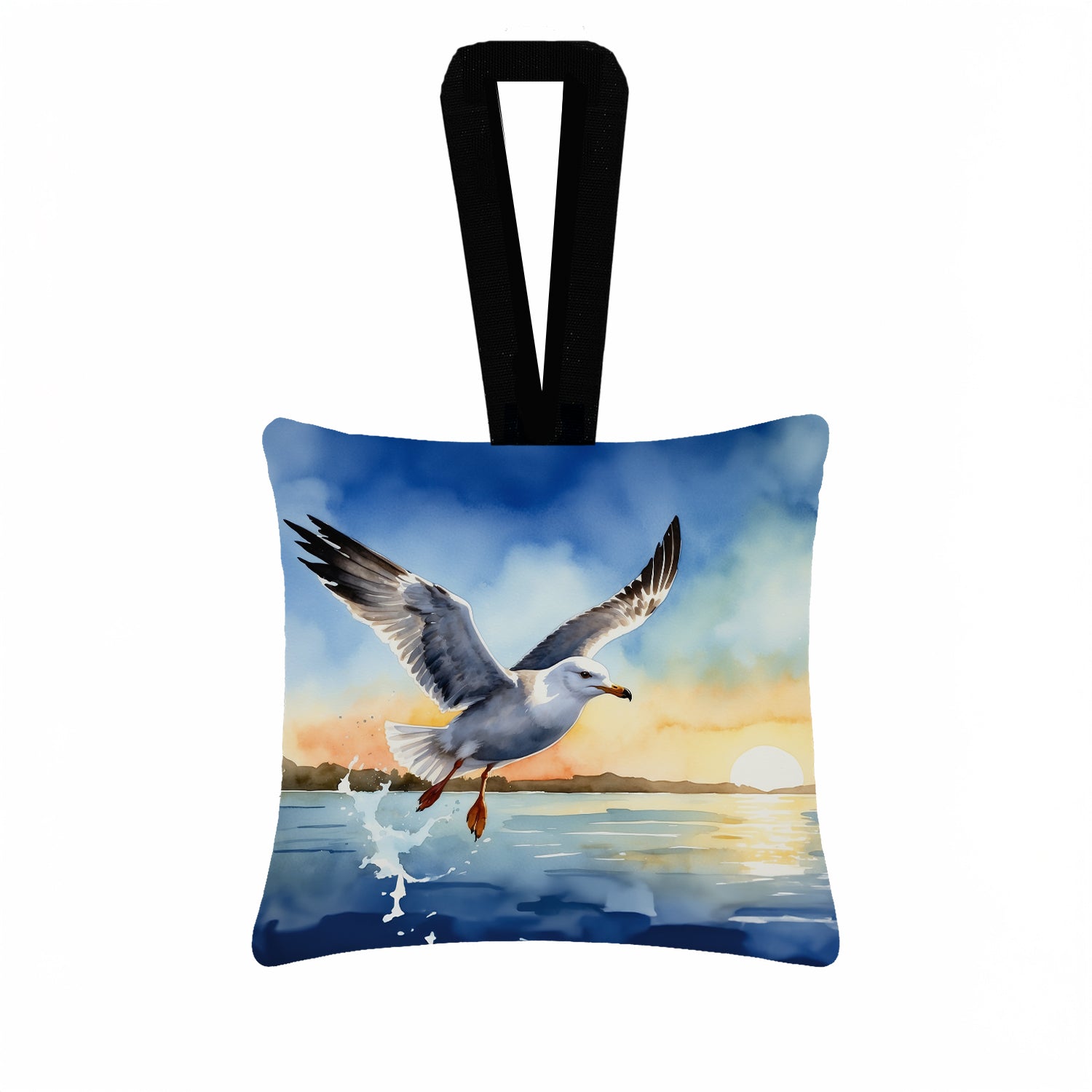 Seagull Flying Over Ocean Sunset Watercolor Hanging Square Fabric Ornament 3.5 × 3.5 Decorative Door-Knob & Tree Hanger, Soft Fabric