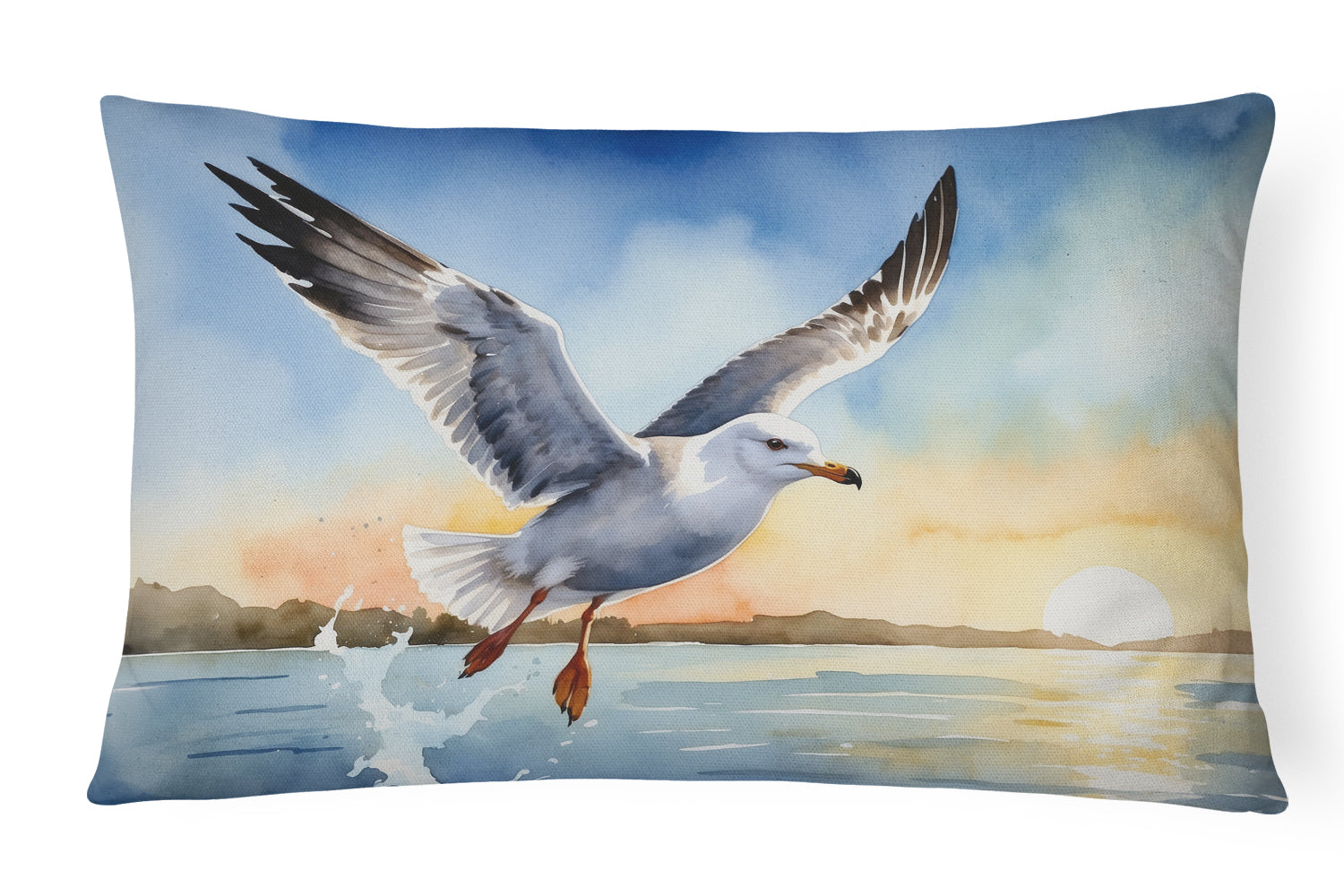 Seagull Flying Over Ocean Sunset Watercolor Decorative Throw Pillow 12x16 Indoor Outdoor Accent Cushion, Fabric Cover with Insert for Sofa, Bed, Porch & Living Room
