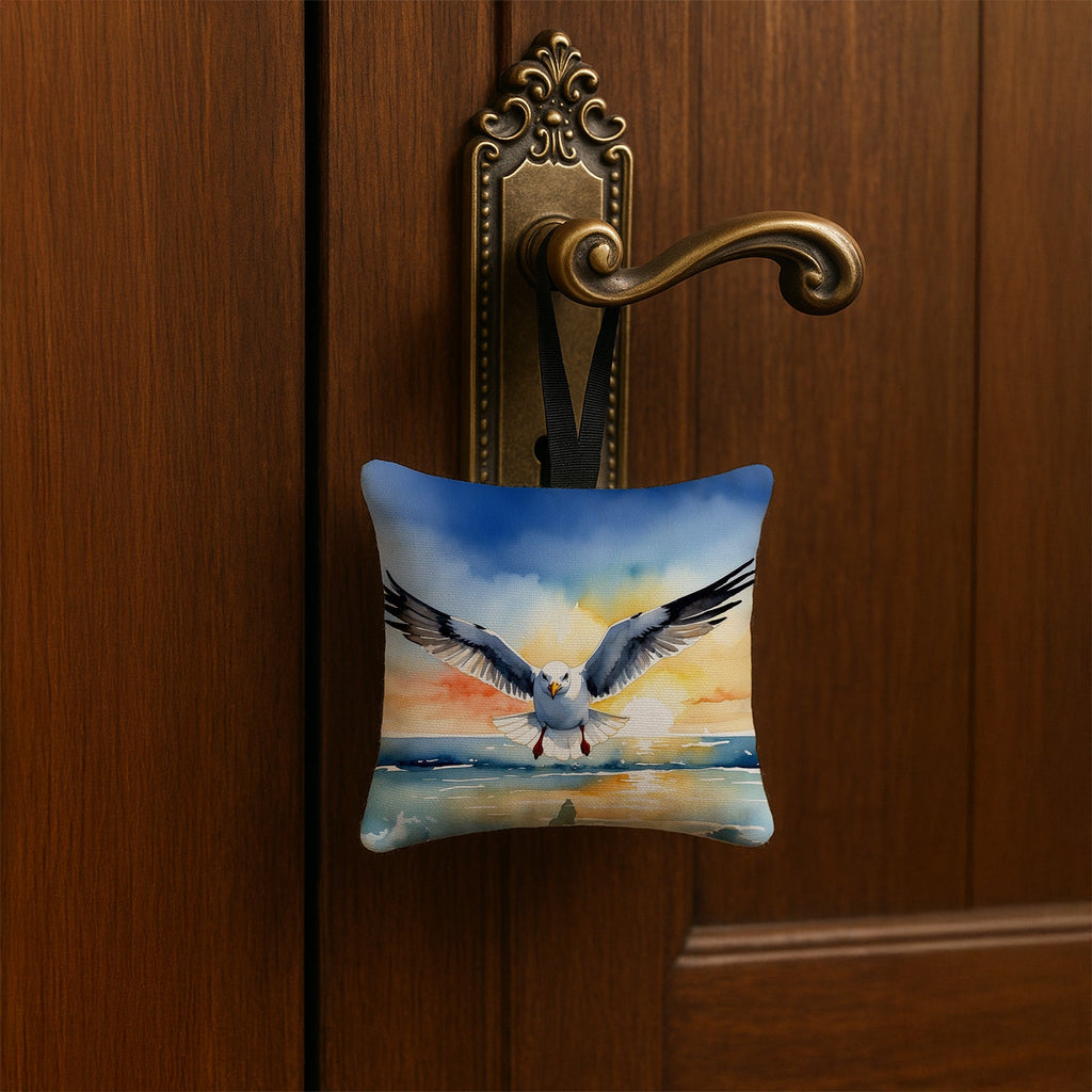 Seagull Flying Toward Viewer Sunset Watercolor Hanging Square Fabric Ornament 3.5 × 3.5 Decorative Door-Knob & Tree Hanger, Soft Fabric