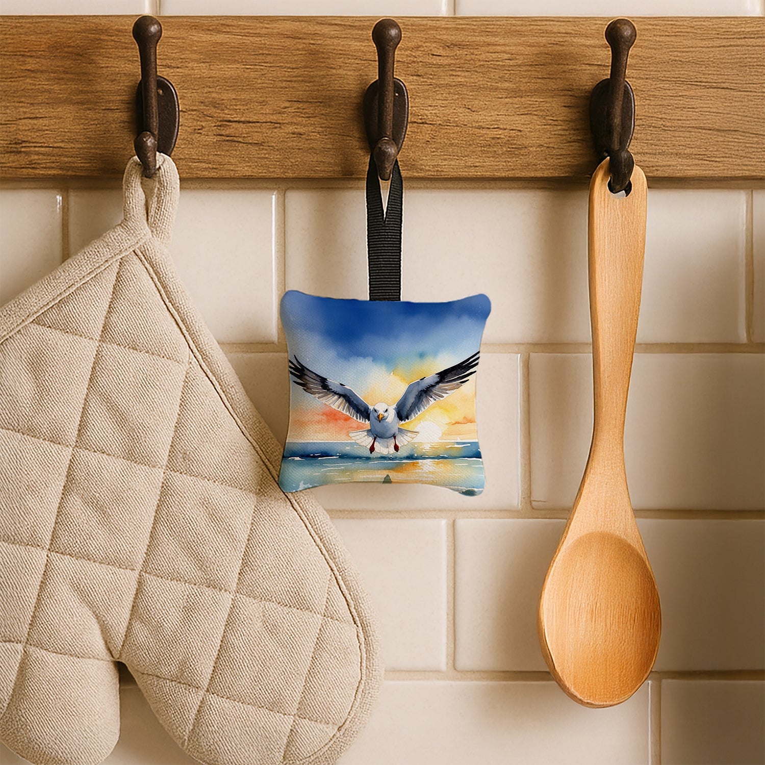 Seagull Flying Toward Viewer Sunset Watercolor Hanging Square Fabric Ornament 3.5 × 3.5 Decorative Door-Knob & Tree Hanger, Soft Fabric