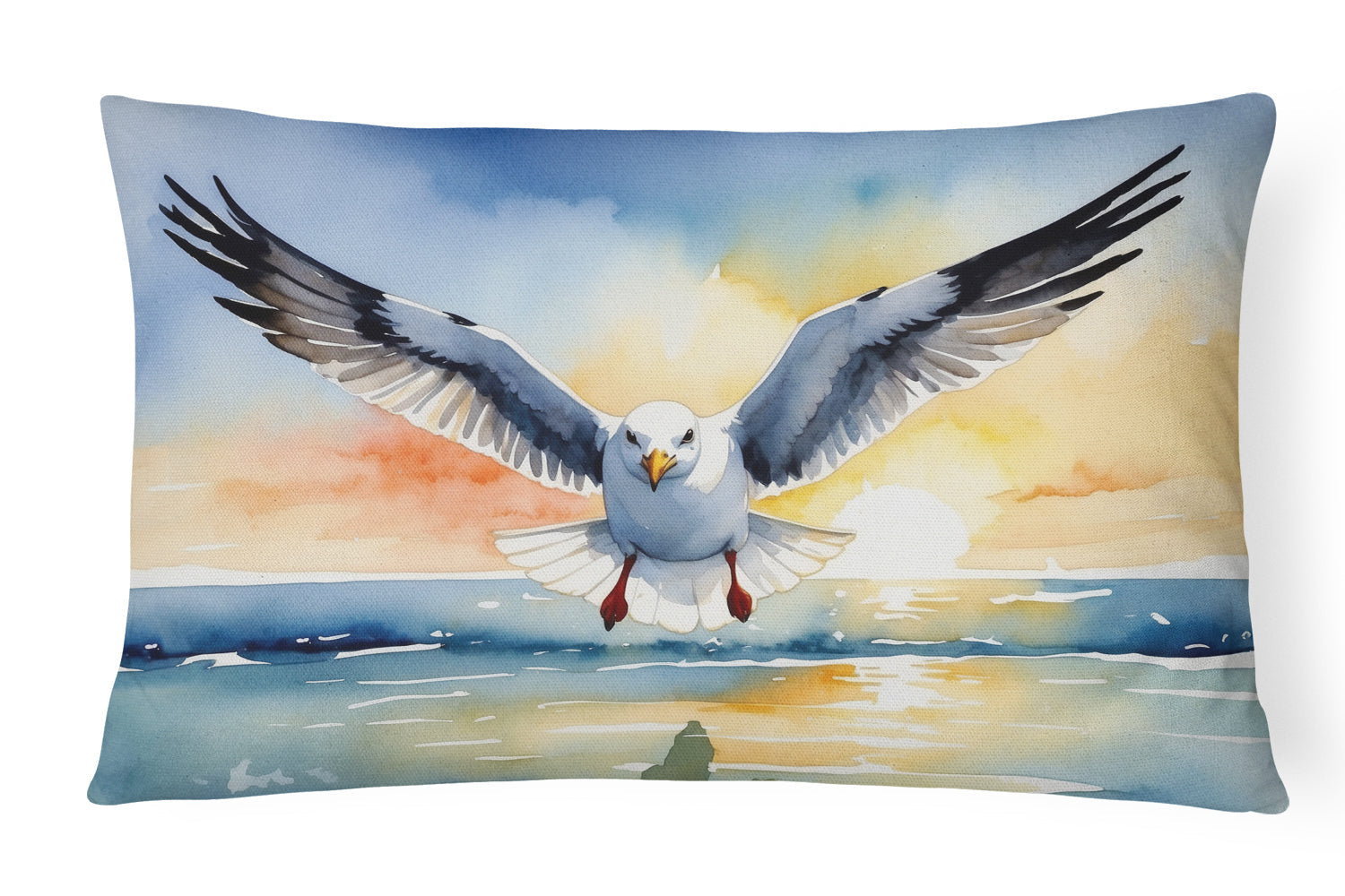 Seagull Flying Toward Viewer Sunset Watercolor Decorative Throw Pillow 12x16 Indoor Outdoor Accent Cushion, Fabric Cover with Insert for Sofa, Bed, Porch & Living Room