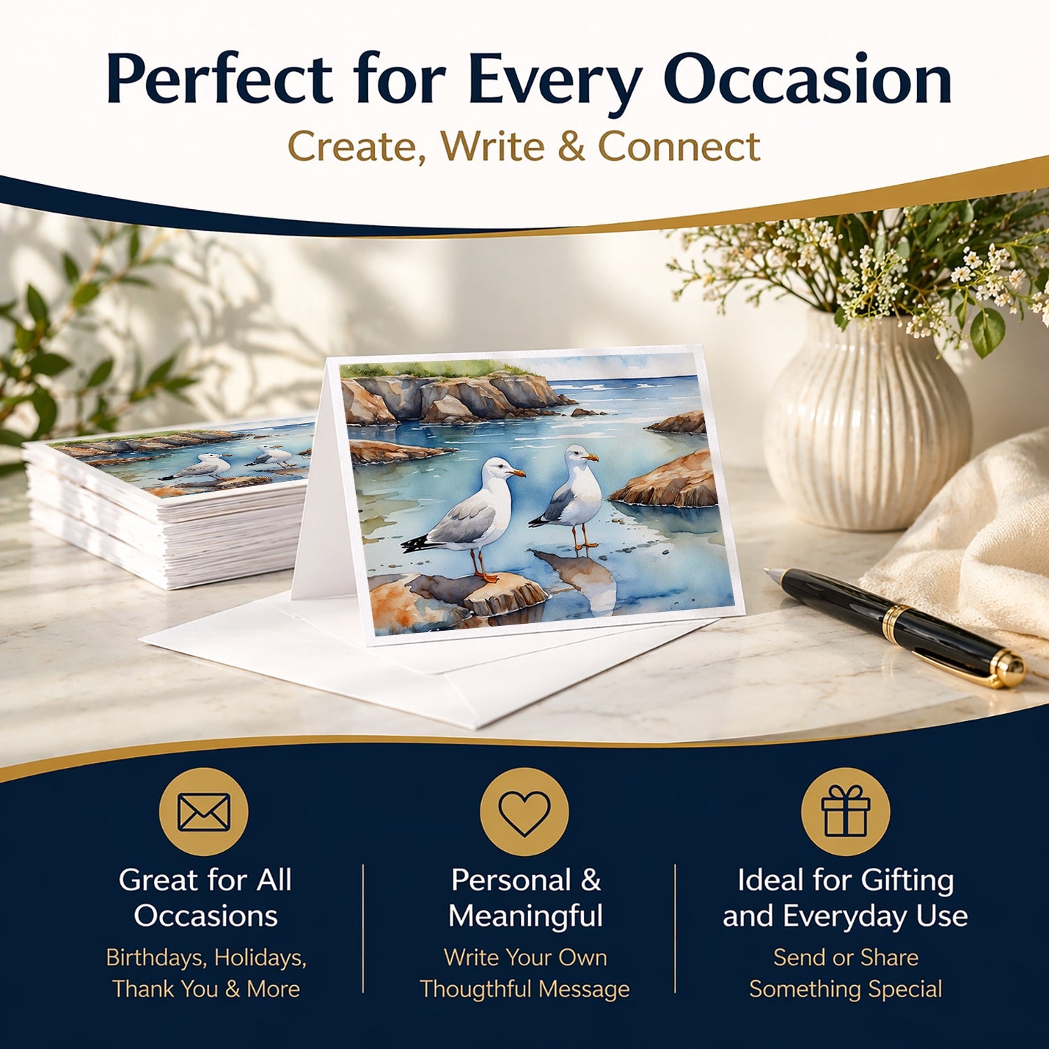 Seagulls on Rocky Shore Coastal Watercolor Greeting Cards Pack of 8 Blank Cards with Envelopes Whimsical A7 Size 5x7