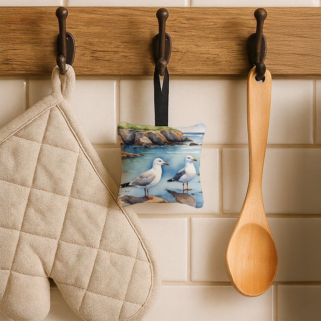 Seagulls on Rocky Shore Coastal Watercolor Hanging Square Fabric Ornament 3.5 × 3.5 Decorative Door-Knob & Tree Hanger, Soft Fabric