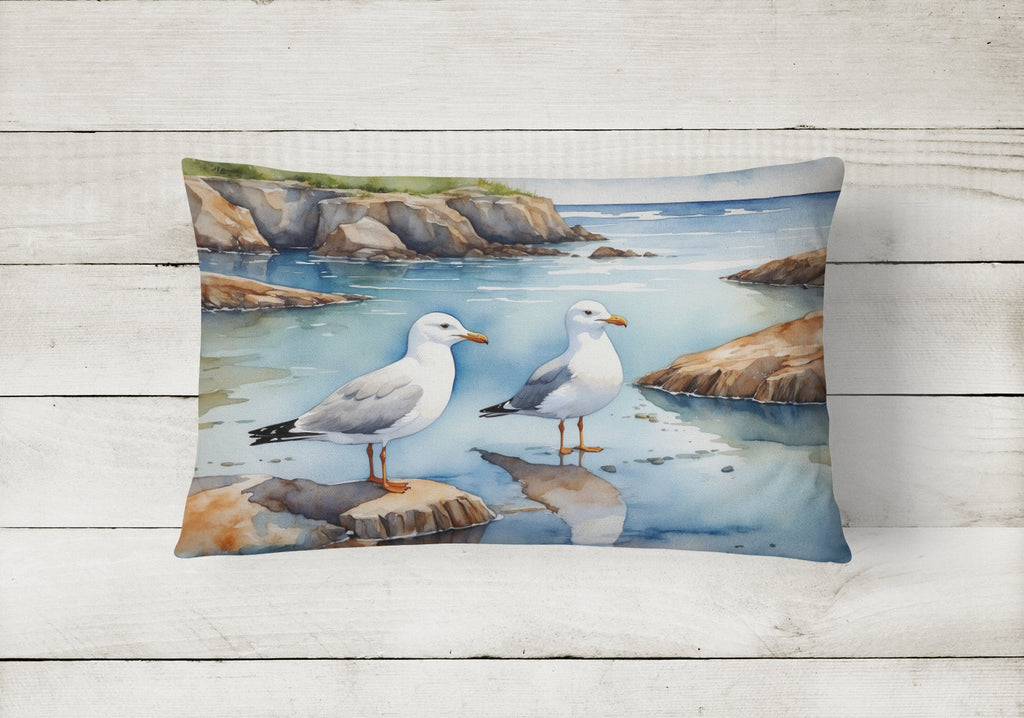 Seagulls on Rocky Shore Coastal Watercolor Decorative Throw Pillow 12x16 Indoor Outdoor Accent Cushion, Fabric Cover with Insert for Sofa, Bed, Porch & Living Room