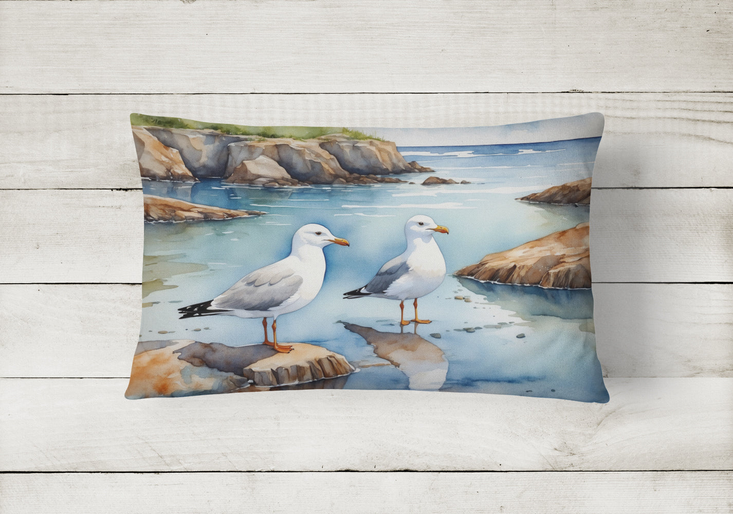 Seagulls on Rocky Shore Coastal Watercolor Decorative Throw Pillow 12x16 Indoor Outdoor Accent Cushion, Fabric Cover with Insert for Sofa, Bed, Porch & Living Room