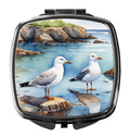 Seagulls on Rocky Shore Coastal Watercolor Compact Mirror Decorative Travel Makeup Mirror for Women Girls Gifts Pocket Makeup Mirror Folding Handheld