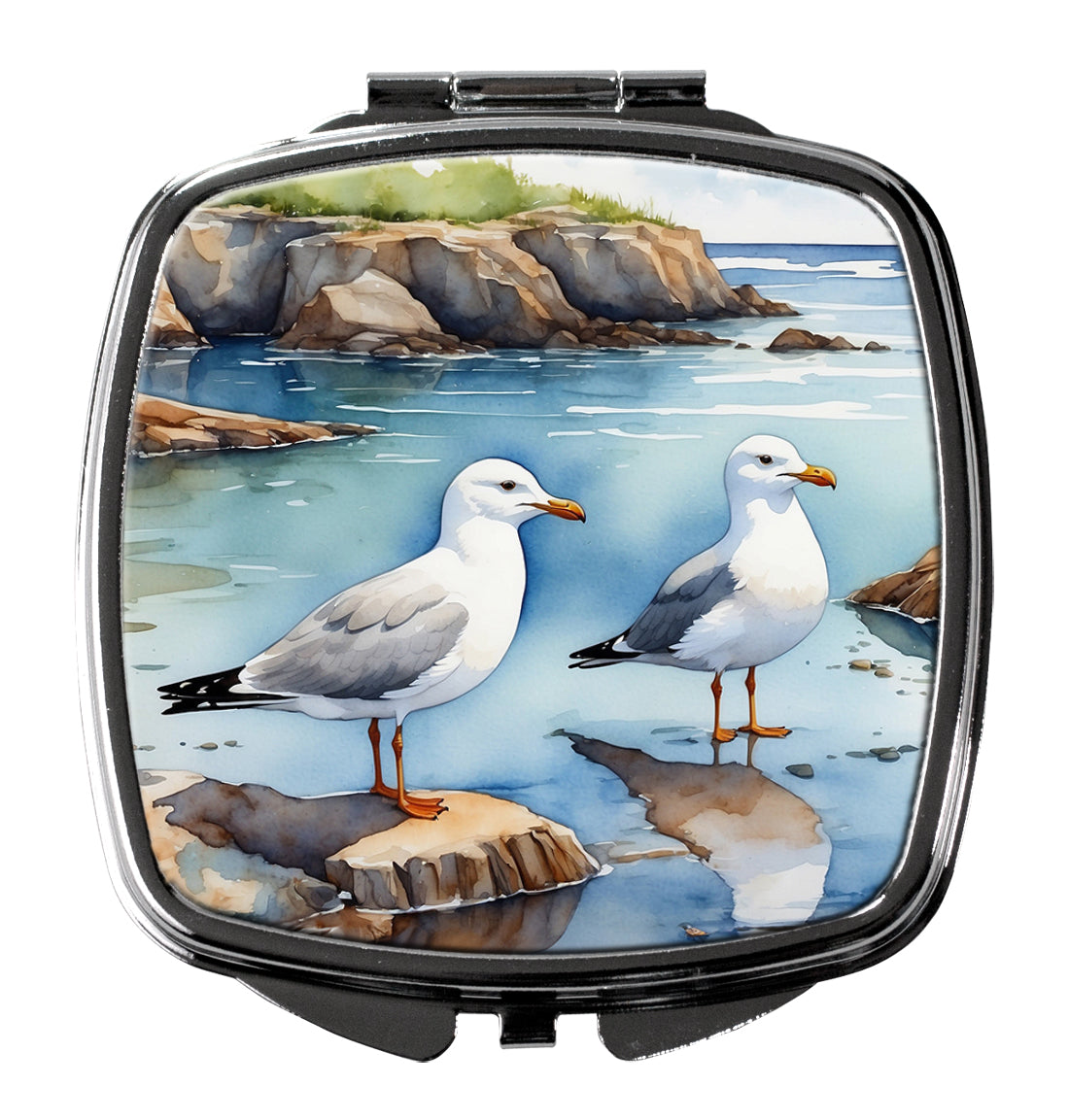 Seagulls on Rocky Shore Coastal Watercolor Compact Mirror Decorative Travel Makeup Mirror for Women Girls Gifts Pocket Makeup Mirror Folding Handheld