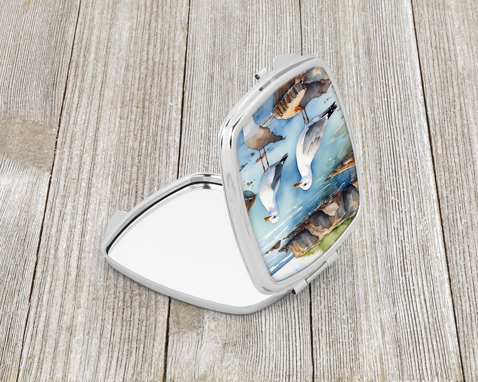 Seagulls on Rocky Shore Coastal Watercolor Compact Mirror Decorative Travel Makeup Mirror for Women Girls Gifts Pocket Makeup Mirror Folding Handheld