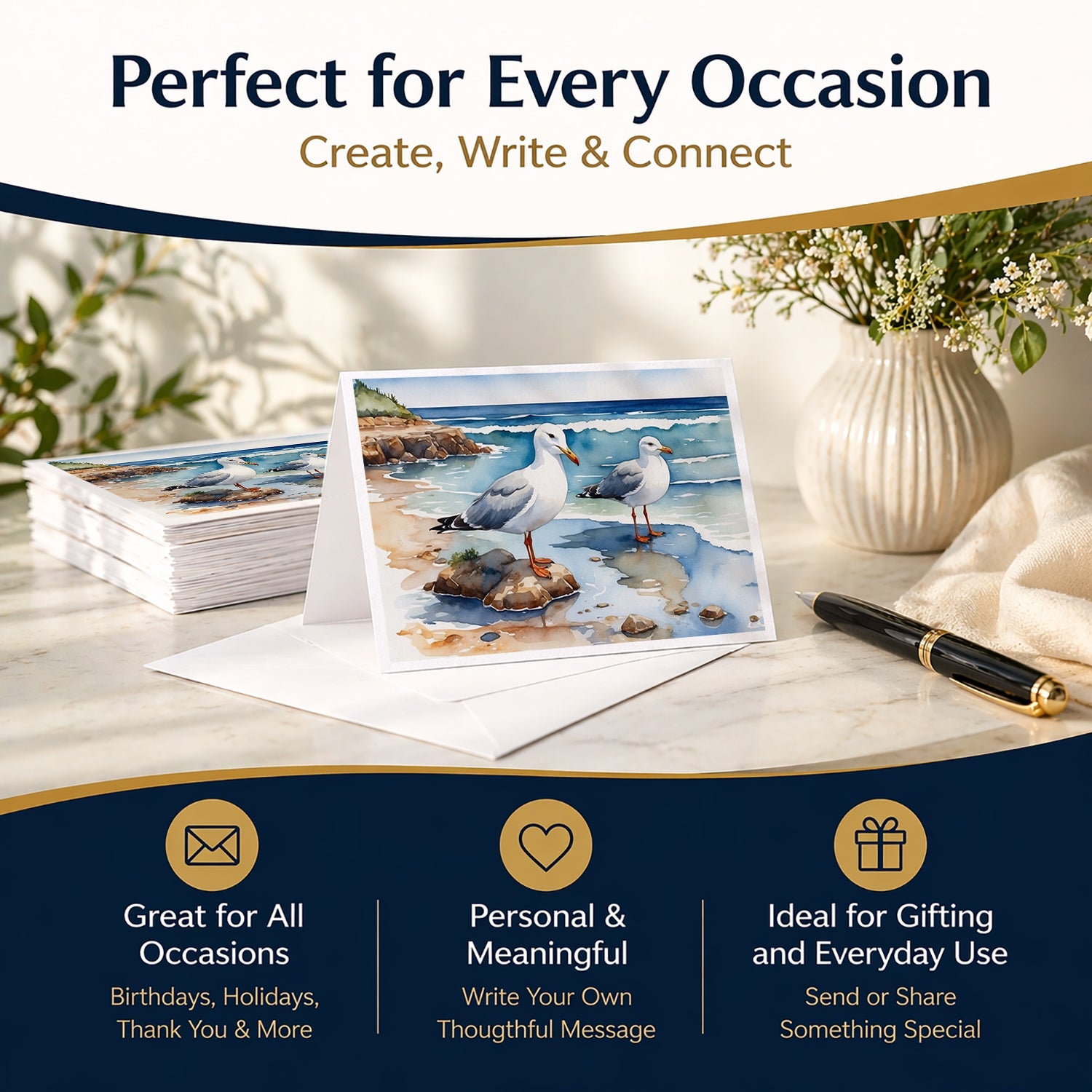 Seagulls on Beach Shore Watercolor Greeting Cards Pack of 8 Blank Cards with Envelopes Whimsical A7 Size 5x7