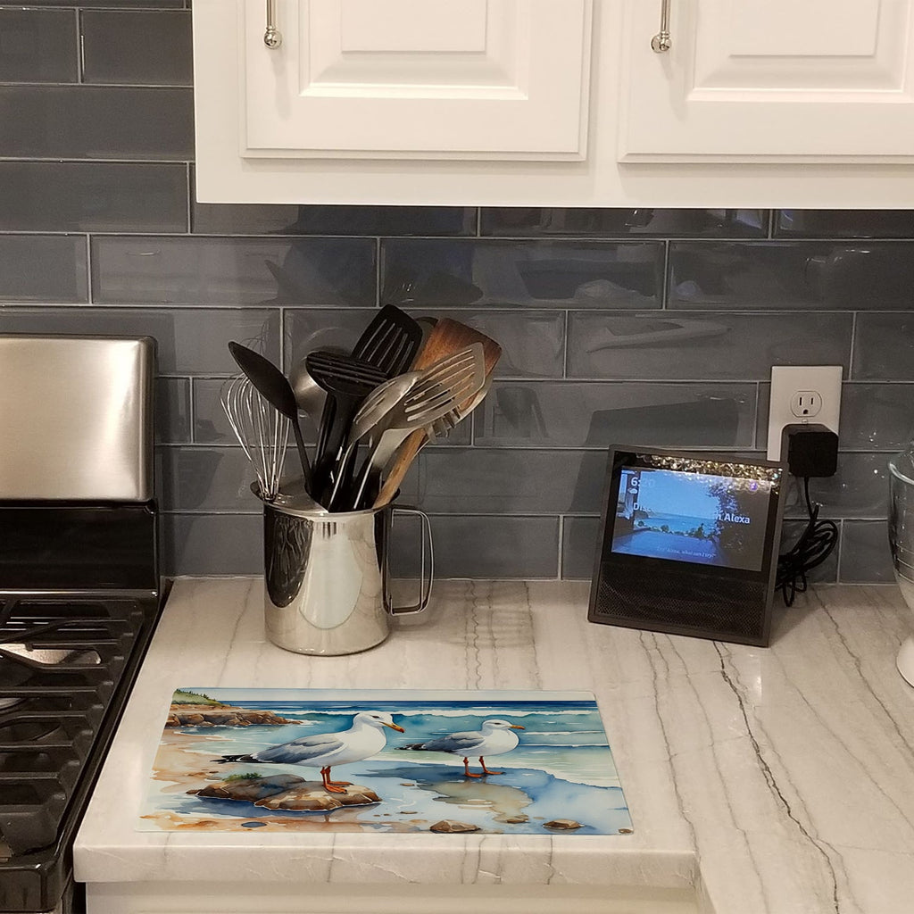 Seagulls on Beach Shore Watercolor Cutting Board Tempered Glass Kitchen Cutting Surface, Heat Resistant Chopping, Non-Slip Feet, Food Prep & Serving