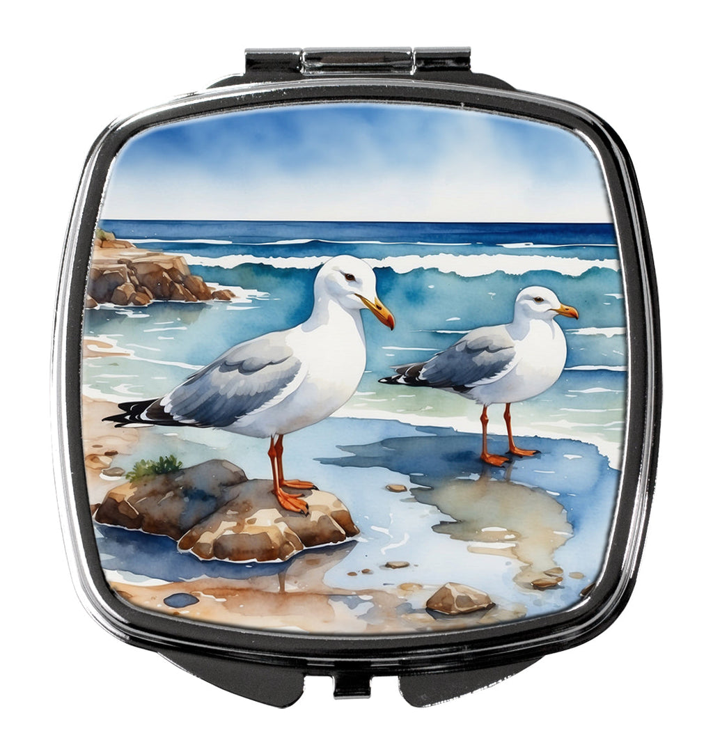 Seagulls on Beach Shore Watercolor Compact Mirror Decorative Travel Makeup Mirror for Women Girls Gifts Pocket Makeup Mirror Folding Handheld