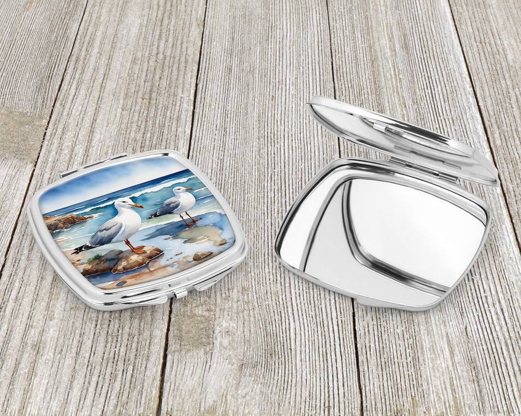 Seagulls on Beach Shore Watercolor Compact Mirror Decorative Travel Makeup Mirror for Women Girls Gifts Pocket Makeup Mirror Folding Handheld