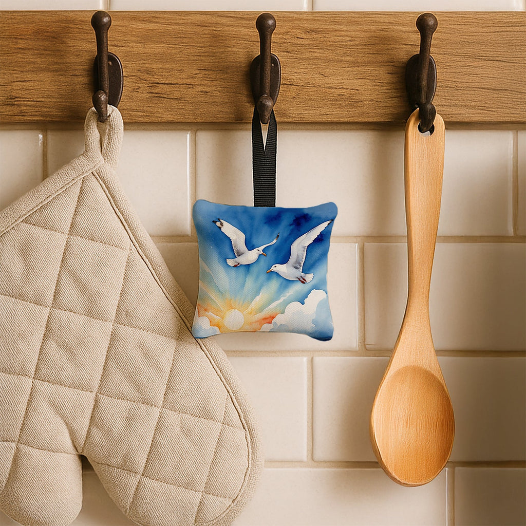 Seagulls Flying Over Ocean Sunrise Watercolor Hanging Square Fabric Ornament 3.5 × 3.5 Decorative Door-Knob & Tree Hanger, Soft Fabric