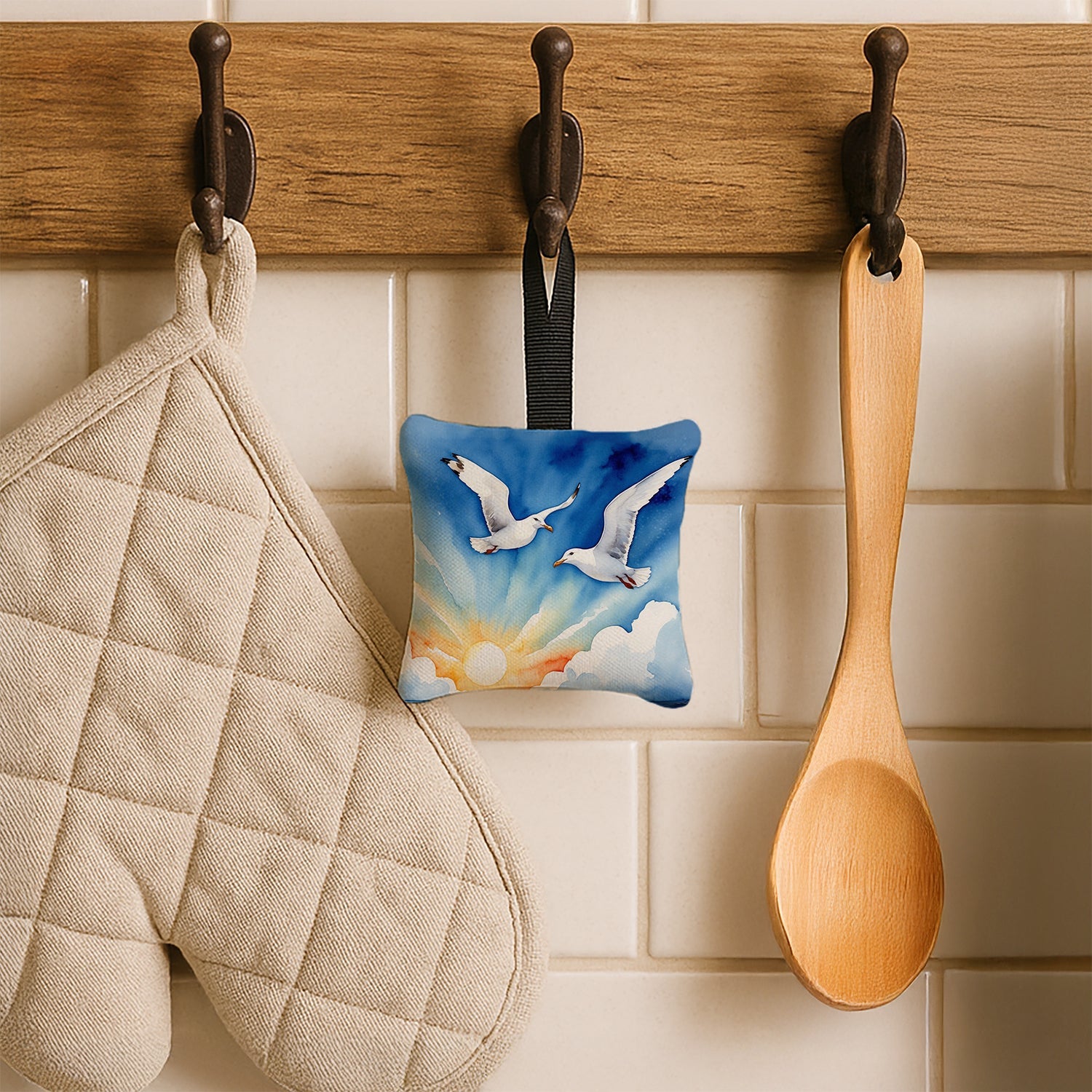 Seagulls Flying Over Ocean Sunrise Watercolor Hanging Square Fabric Ornament 3.5 × 3.5 Decorative Door-Knob & Tree Hanger, Soft Fabric