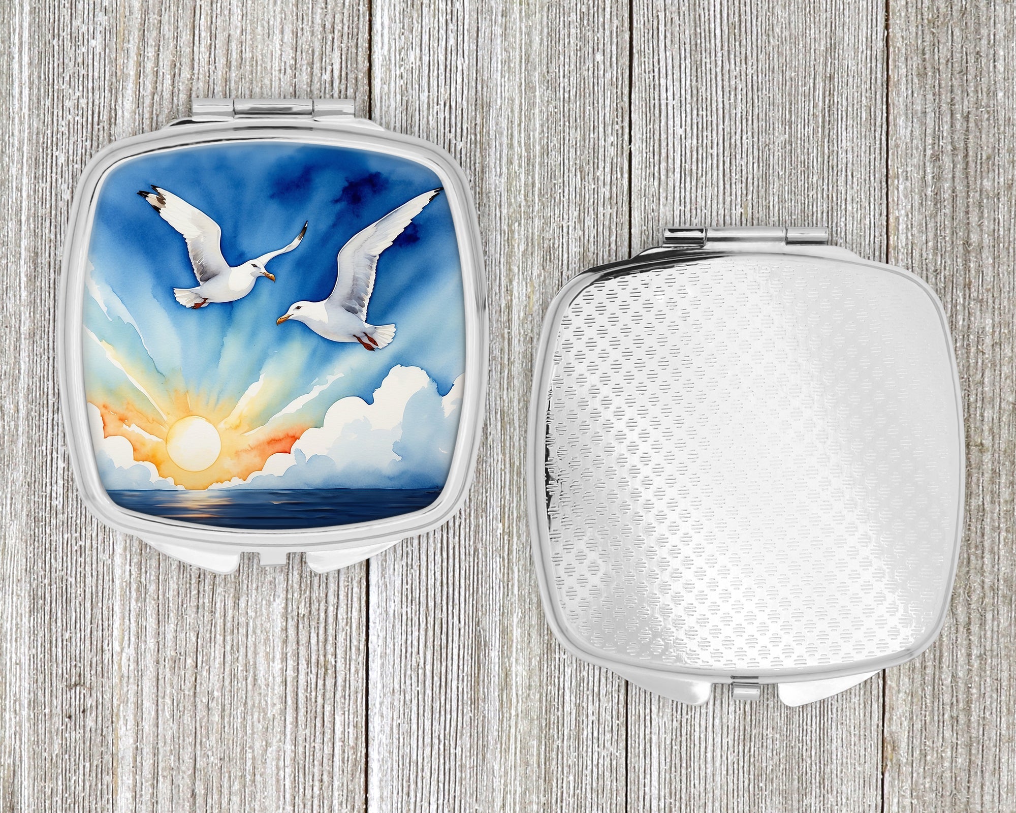 Seagulls Flying Over Ocean Sunrise Watercolor Compact Mirror Decorative Travel Makeup Mirror for Women Girls Gifts Pocket Makeup Mirror Folding Handheld