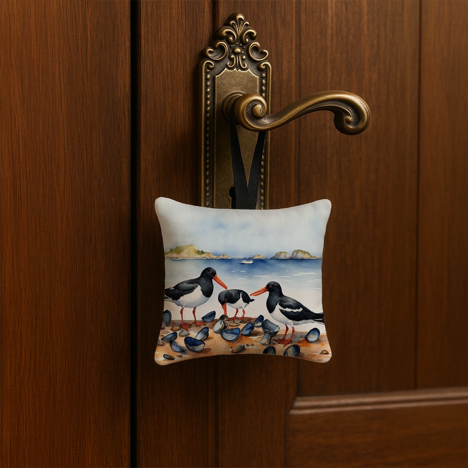 Oystercatchers on Beach Coastal Watercolor Hanging Square Fabric Ornament 3.5 × 3.5 Decorative Door-Knob & Tree Hanger, Soft Fabric