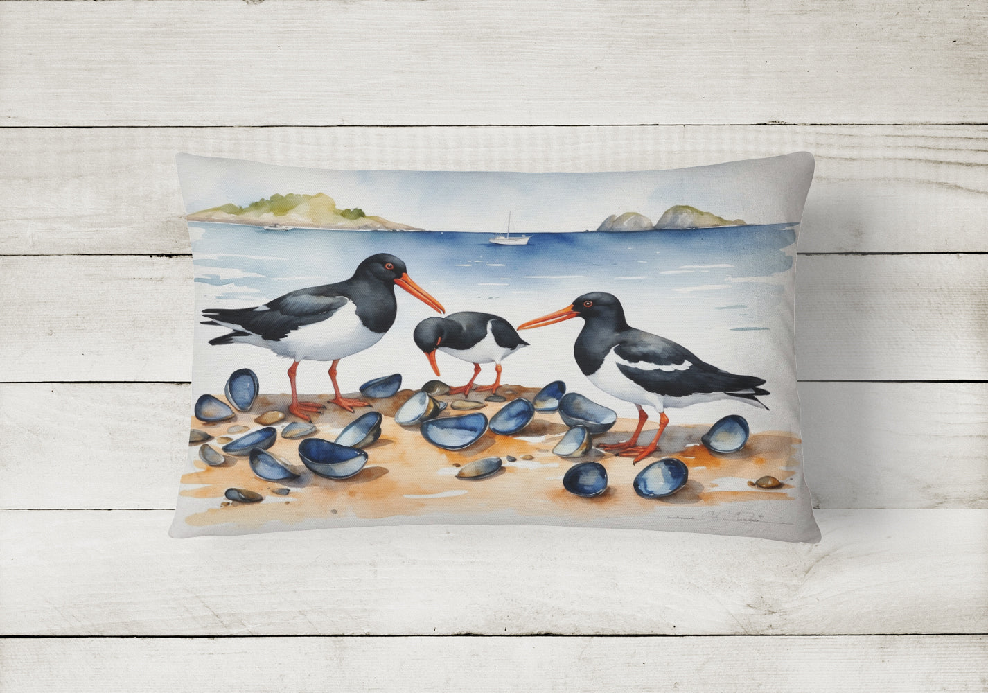 Oystercatchers on Beach Coastal Watercolor Decorative Throw Pillow 12x16 Indoor Outdoor Accent Cushion, Fabric Cover with Insert for Sofa, Bed, Porch & Living Room