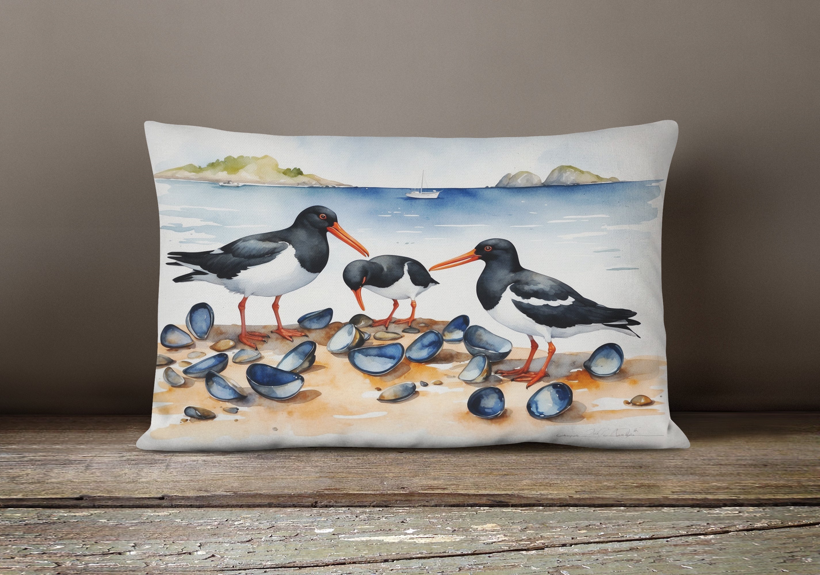 Oystercatchers on Beach Coastal Watercolor Decorative Throw Pillow 12x16 Indoor Outdoor Accent Cushion, Fabric Cover with Insert for Sofa, Bed, Porch & Living Room
