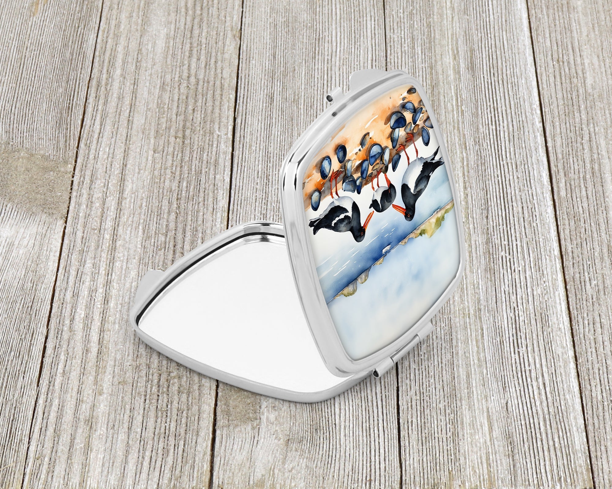 Oystercatchers on Beach Coastal Watercolor Compact Mirror Decorative Travel Makeup Mirror for Women Girls Gifts Pocket Makeup Mirror Folding Handheld
