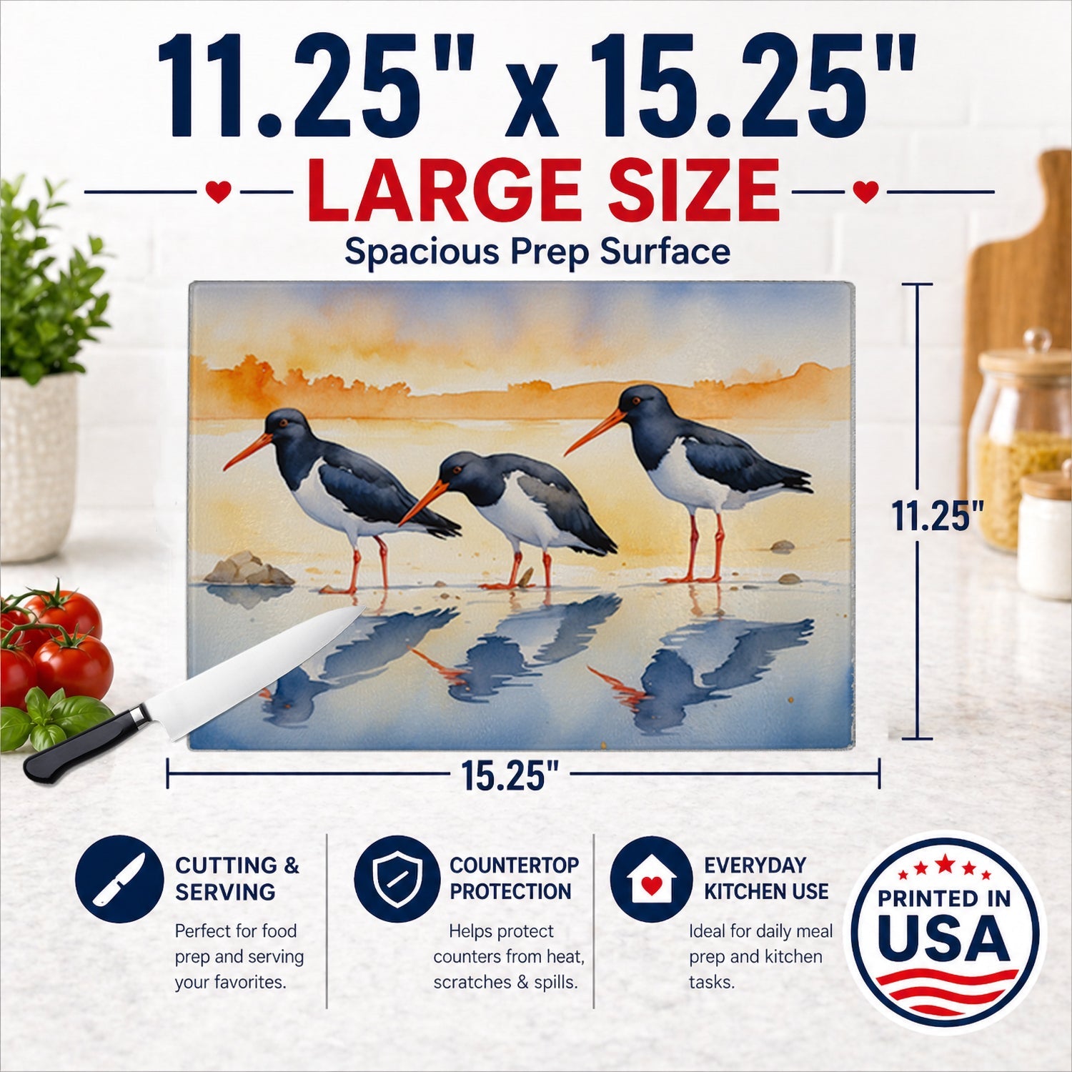 Oystercatchers on Beach Shore Watercolor Cutting Board Tempered Glass Kitchen Cutting Surface, Heat Resistant Chopping, Non-Slip Feet, Food Prep & Serving