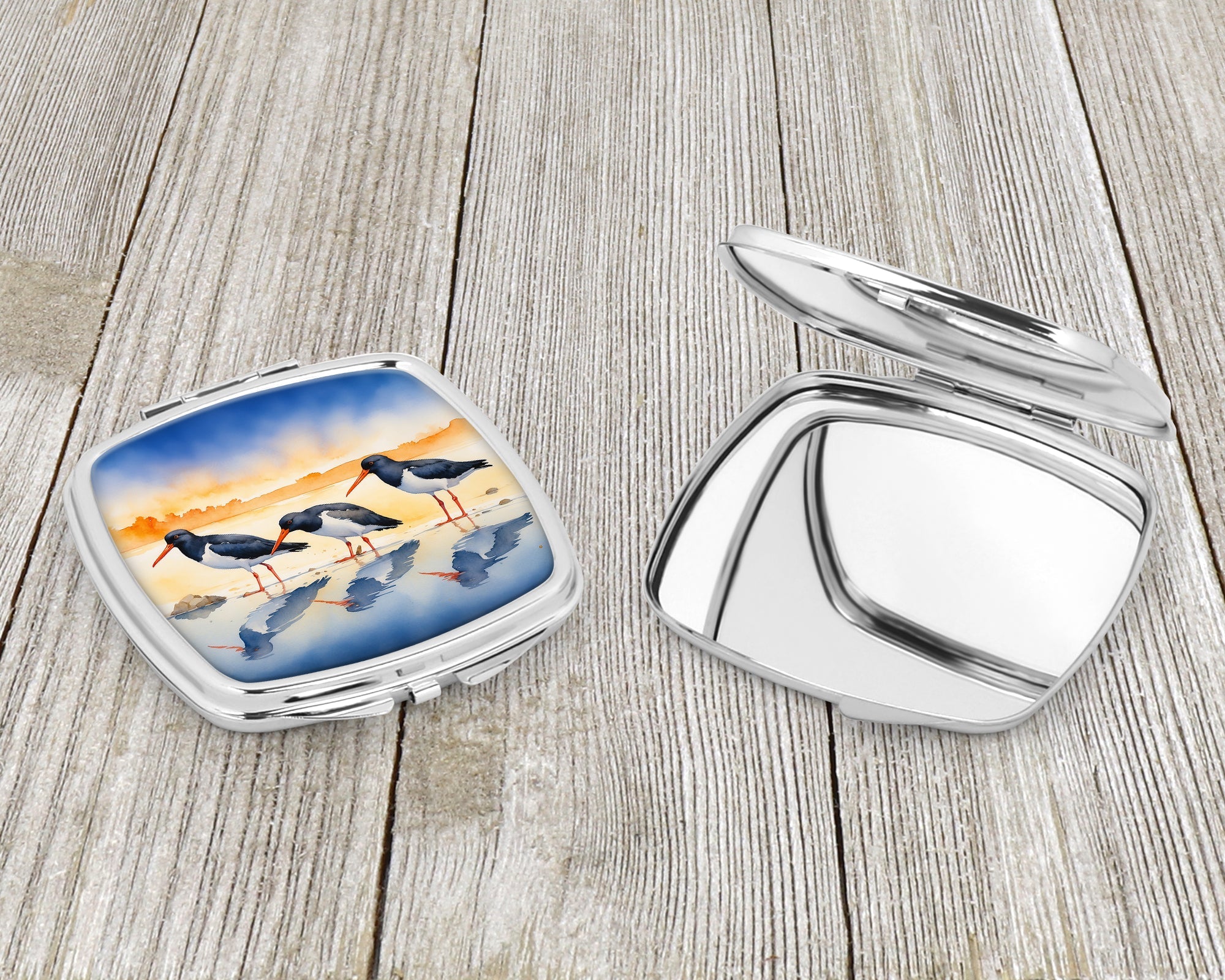 Oystercatchers on Beach Shore Watercolor Compact Mirror Decorative Travel Makeup Mirror for Women Girls Gifts Pocket Makeup Mirror Folding Handheld