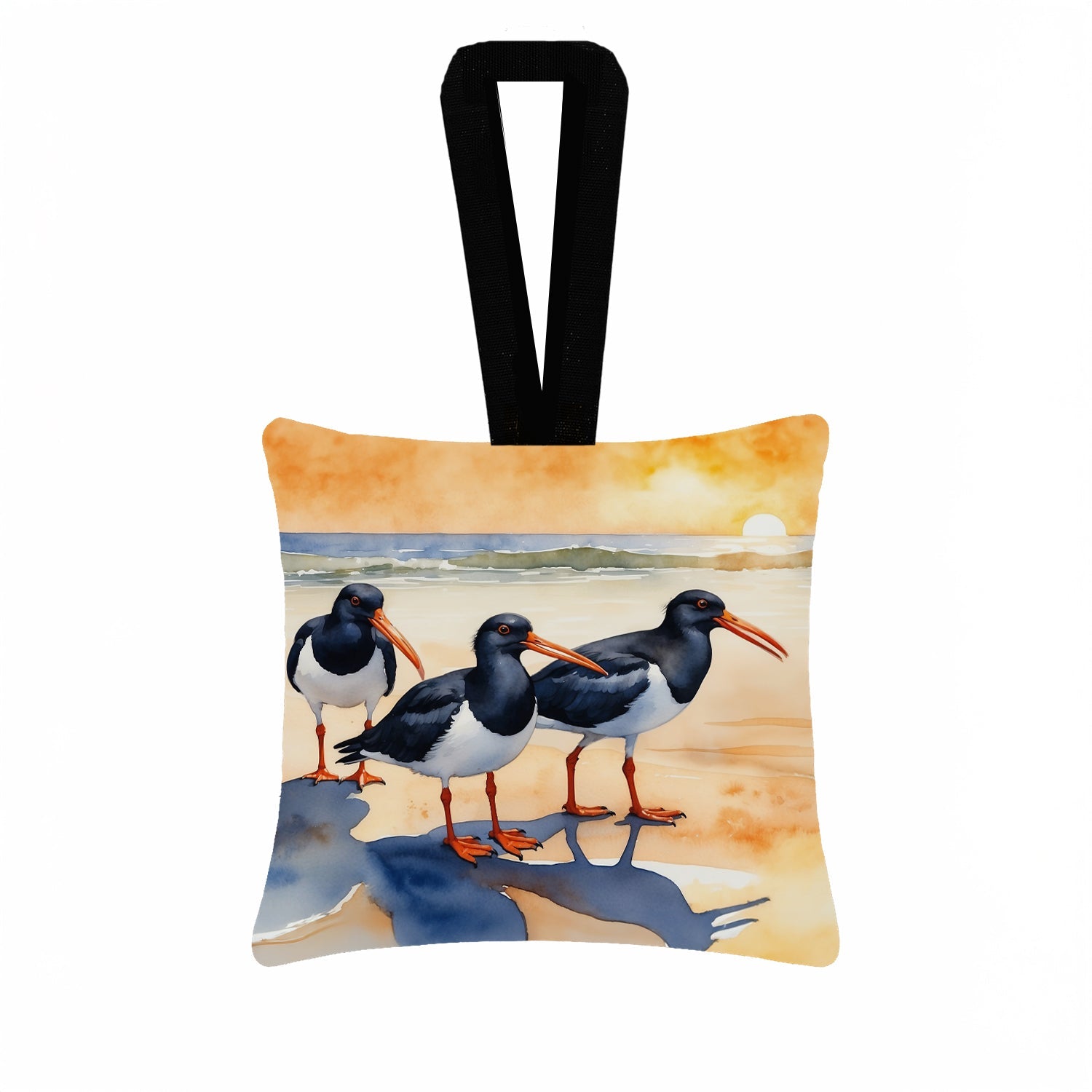Oystercatchers Coastal Shoreline Watercolor Hanging Square Fabric Ornament 3.5 × 3.5 Decorative Door-Knob & Tree Hanger, Soft Fabric