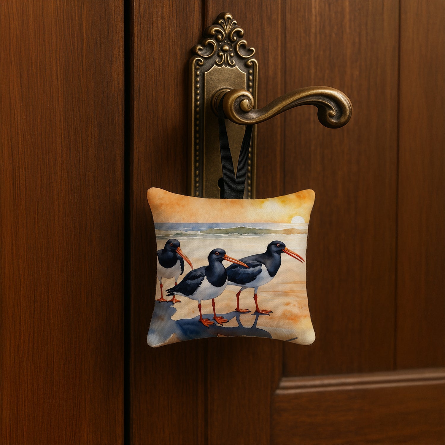 Oystercatchers Coastal Shoreline Watercolor Hanging Square Fabric Ornament 3.5 × 3.5 Decorative Door-Knob & Tree Hanger, Soft Fabric