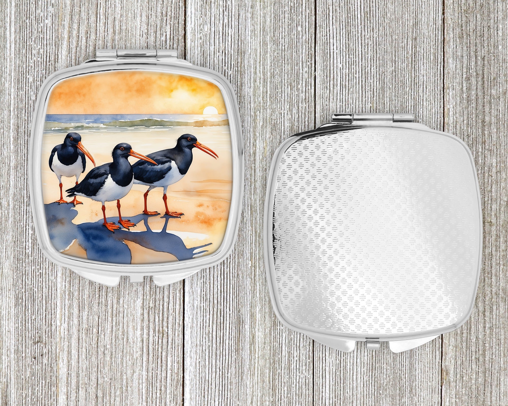 Oystercatchers Coastal Shoreline Watercolor Compact Mirror Decorative Travel Makeup Mirror for Women Girls Gifts Pocket Makeup Mirror Folding Handheld