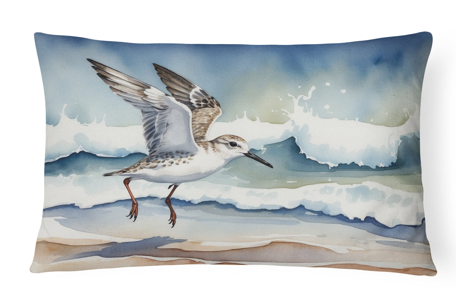 Sanderling Running Through Ocean Waves Watercolor Decorative Throw Pillow 12x16 Indoor Outdoor Accent Cushion, Fabric Cover with Insert for Sofa, Bed, Porch & Living Room