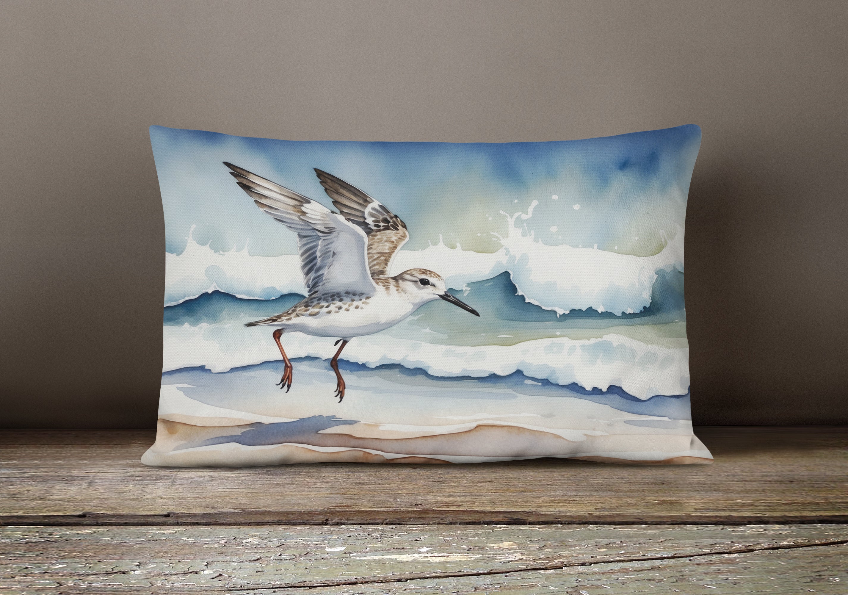 Sanderling Running Through Ocean Waves Watercolor Decorative Throw Pillow 12x16 Indoor Outdoor Accent Cushion, Fabric Cover with Insert for Sofa, Bed, Porch & Living Room