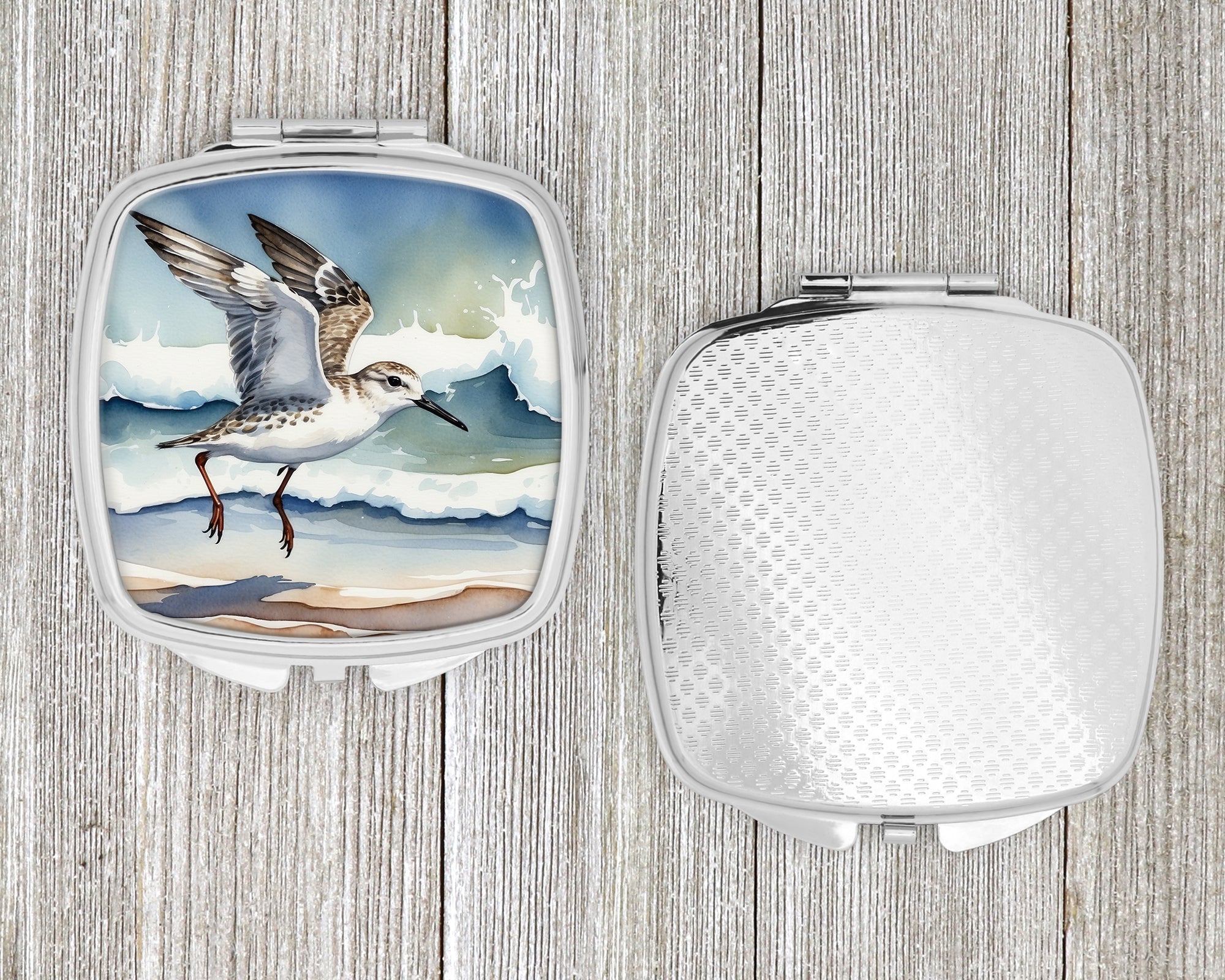 Sanderling Running Through Ocean Waves Watercolor Compact Mirror Decorative Travel Makeup Mirror for Women Girls Gifts Pocket Makeup Mirror Folding Handheld