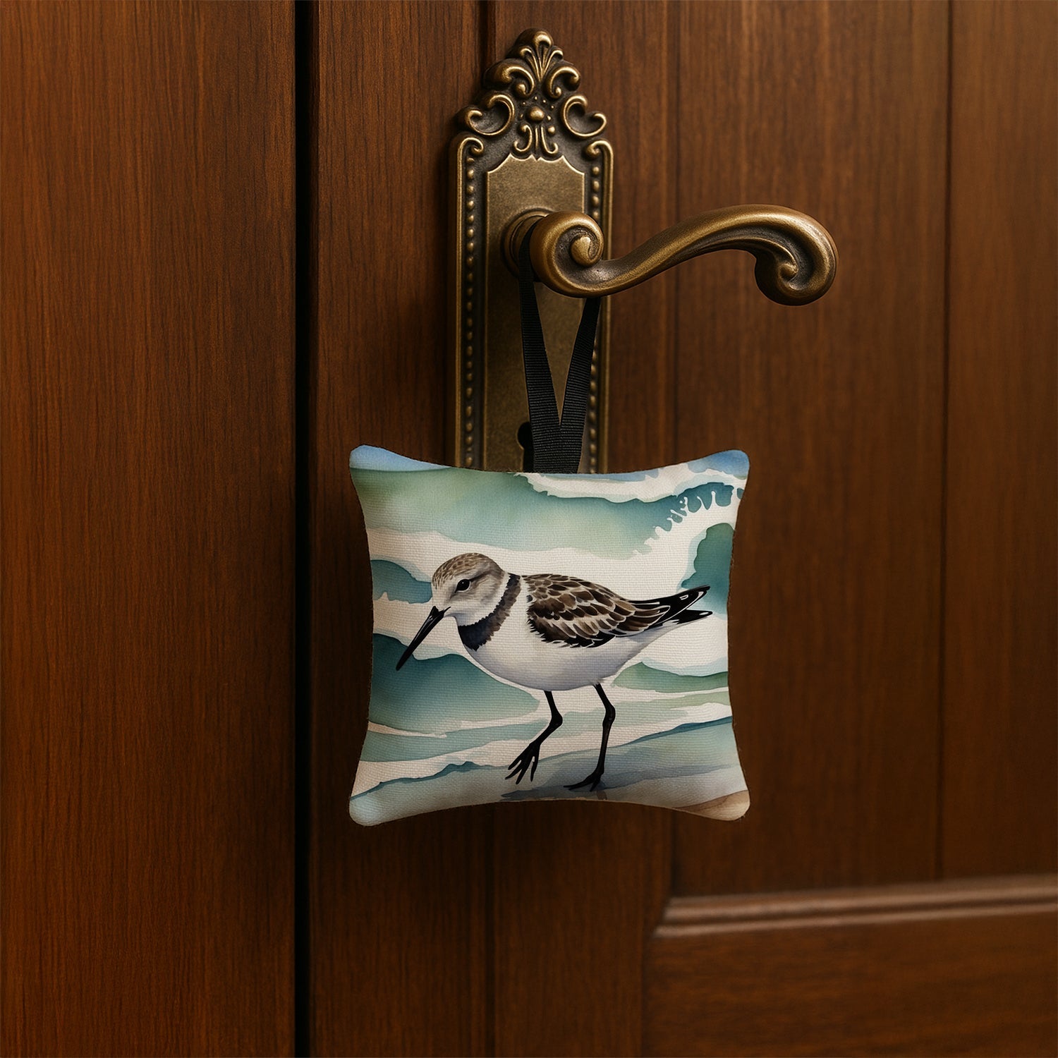 Sandpiper Walking Along Ocean Waves Watercolor Hanging Square Fabric Ornament 3.5 × 3.5 Decorative Door-Knob & Tree Hanger, Soft Fabric