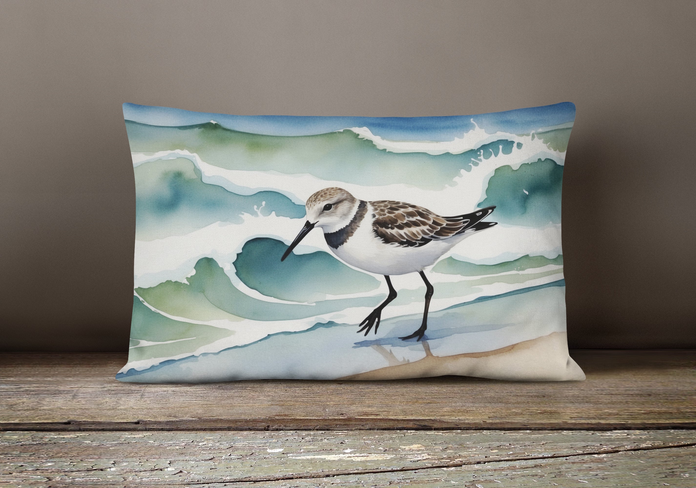 Sandpiper Walking Along Ocean Waves Watercolor Decorative Throw Pillow 12x16 Indoor Outdoor Accent Cushion, Fabric Cover with Insert for Sofa, Bed, Porch & Living Room