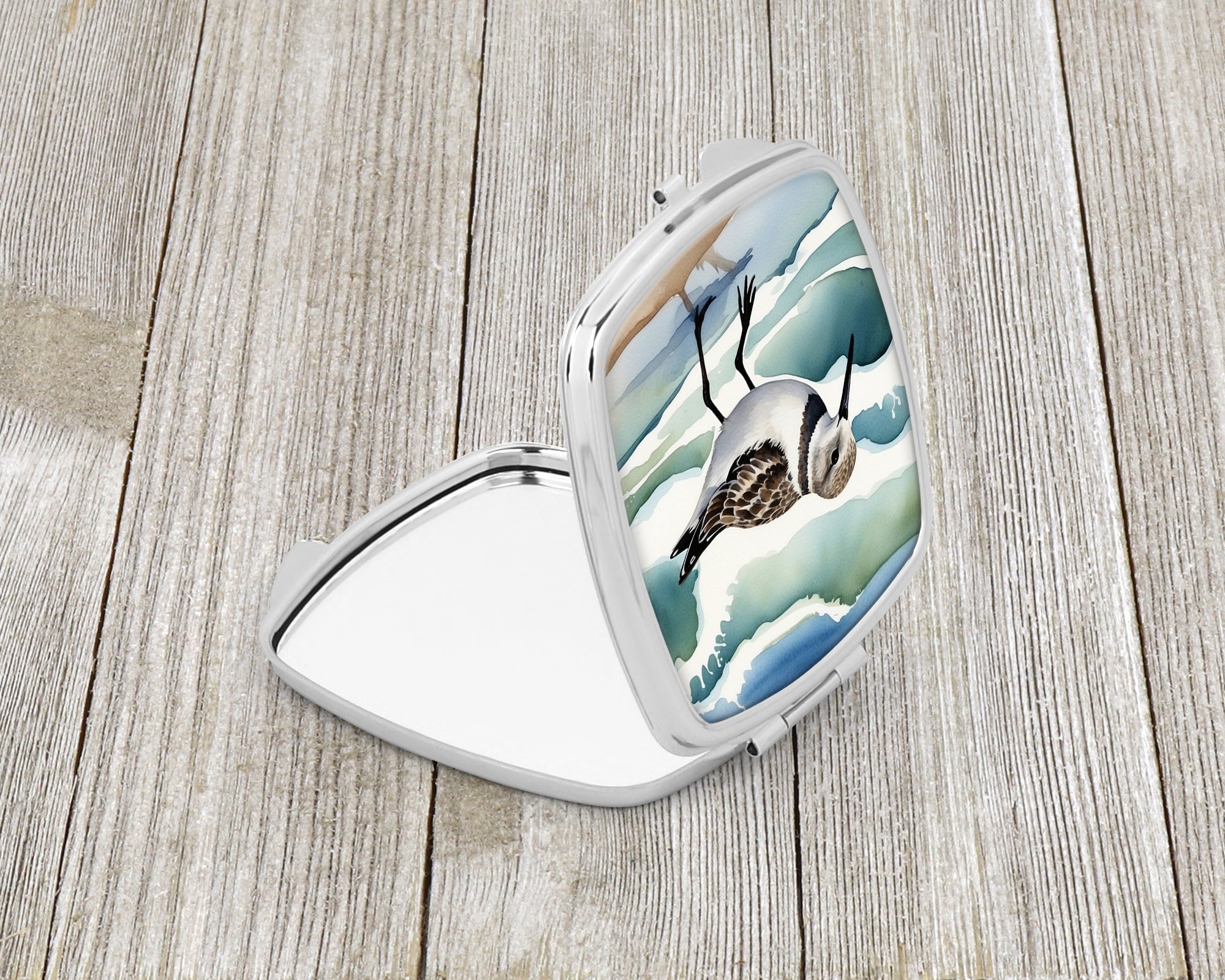Sandpiper Walking Along Ocean Waves Watercolor Compact Mirror Decorative Travel Makeup Mirror for Women Girls Gifts Pocket Makeup Mirror Folding Handheld