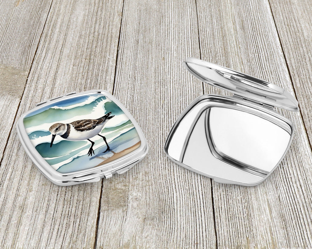 Sandpiper Walking Along Ocean Waves Watercolor Compact Mirror Decorative Travel Makeup Mirror for Women Girls Gifts Pocket Makeup Mirror Folding Handheld