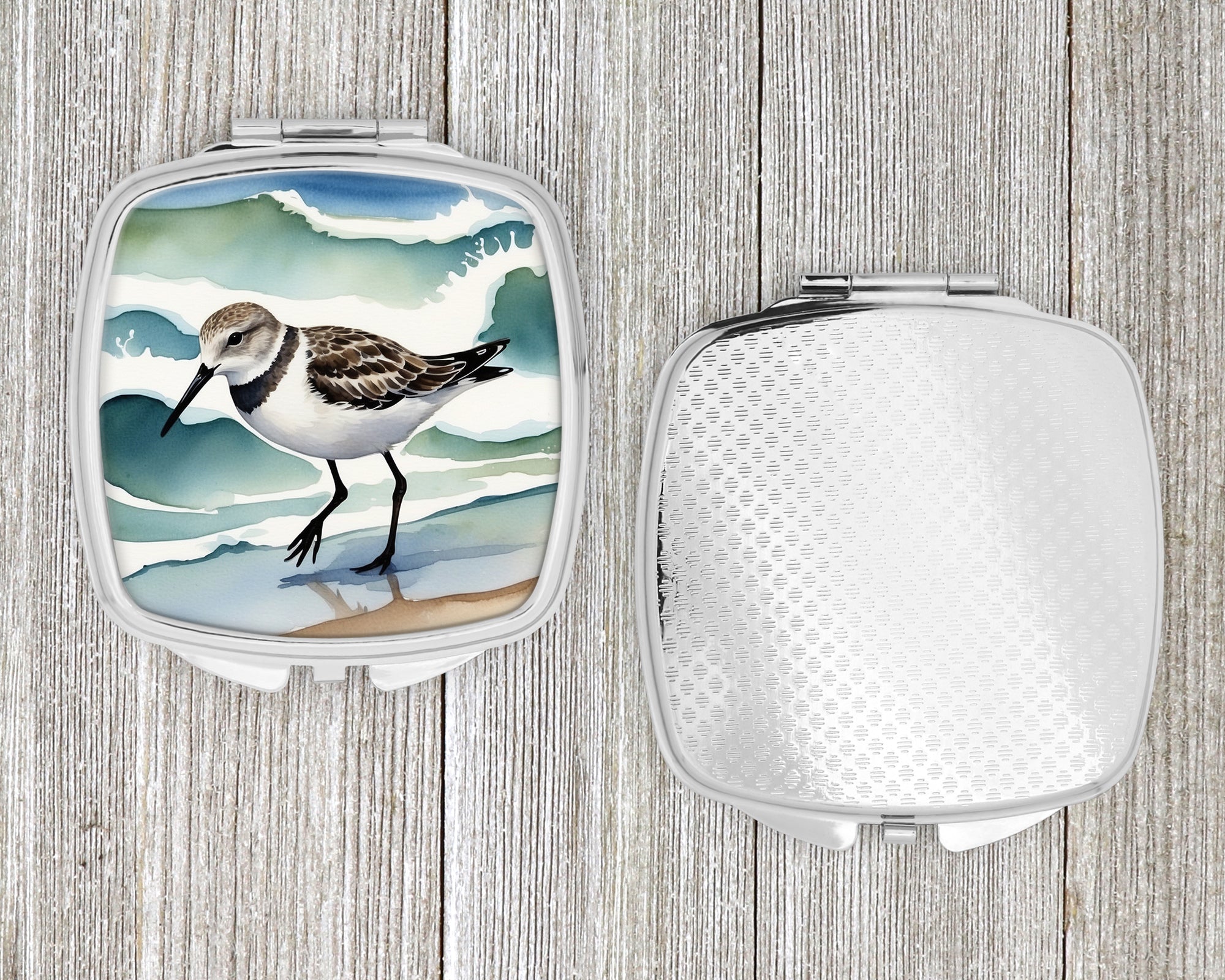Sandpiper Walking Along Ocean Waves Watercolor Compact Mirror Decorative Travel Makeup Mirror for Women Girls Gifts Pocket Makeup Mirror Folding Handheld