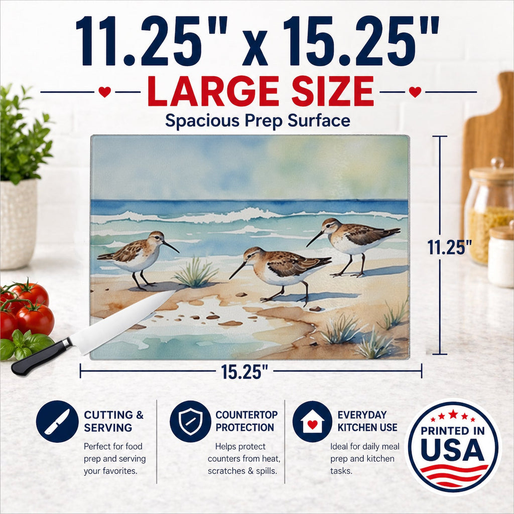Sandpipers on Beach Shoreline Watercolor Cutting Board Tempered Glass Kitchen Cutting Surface, Heat Resistant Chopping, Non-Slip Feet, Food Prep & Serving
